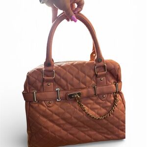 Steve Madden Quilted Top-Handle Tote in Coral with Chain Accent